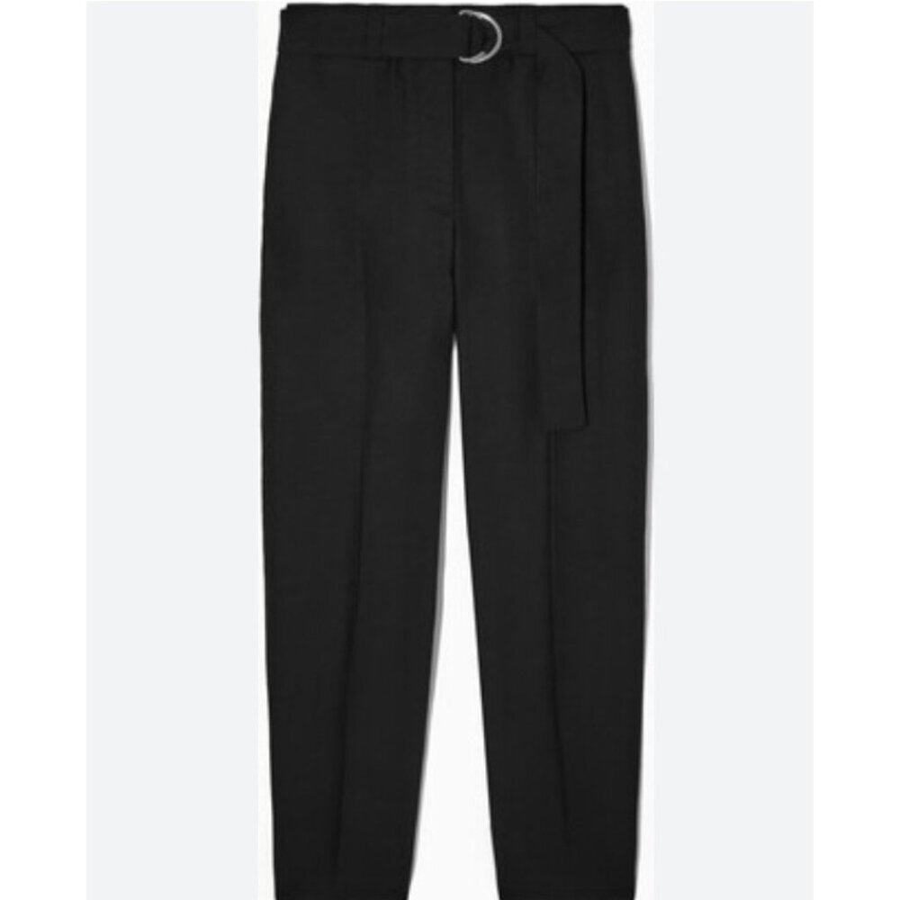 NWOT COS Classic Linen Lyocell Blend Belted Straight Leg Black Pant 4